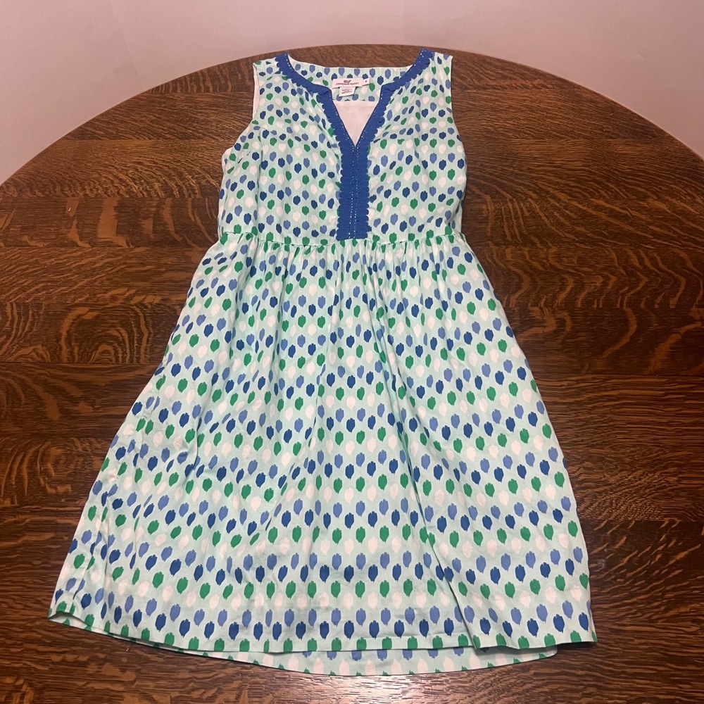 Vineyard Vines Dress Womens 6 Blue Green Ikat Print Cotton Sleeveless 2Q2028